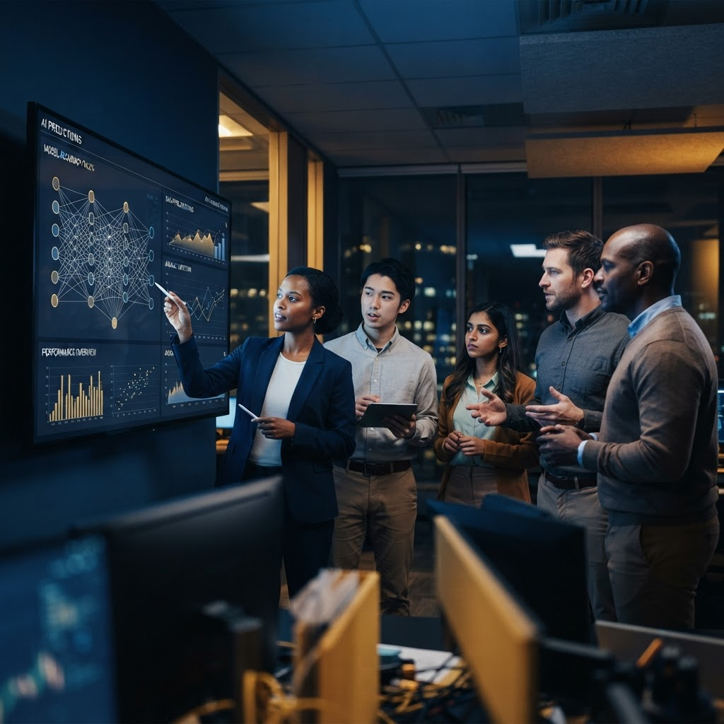 Data scientists reviewing an AI dashboard