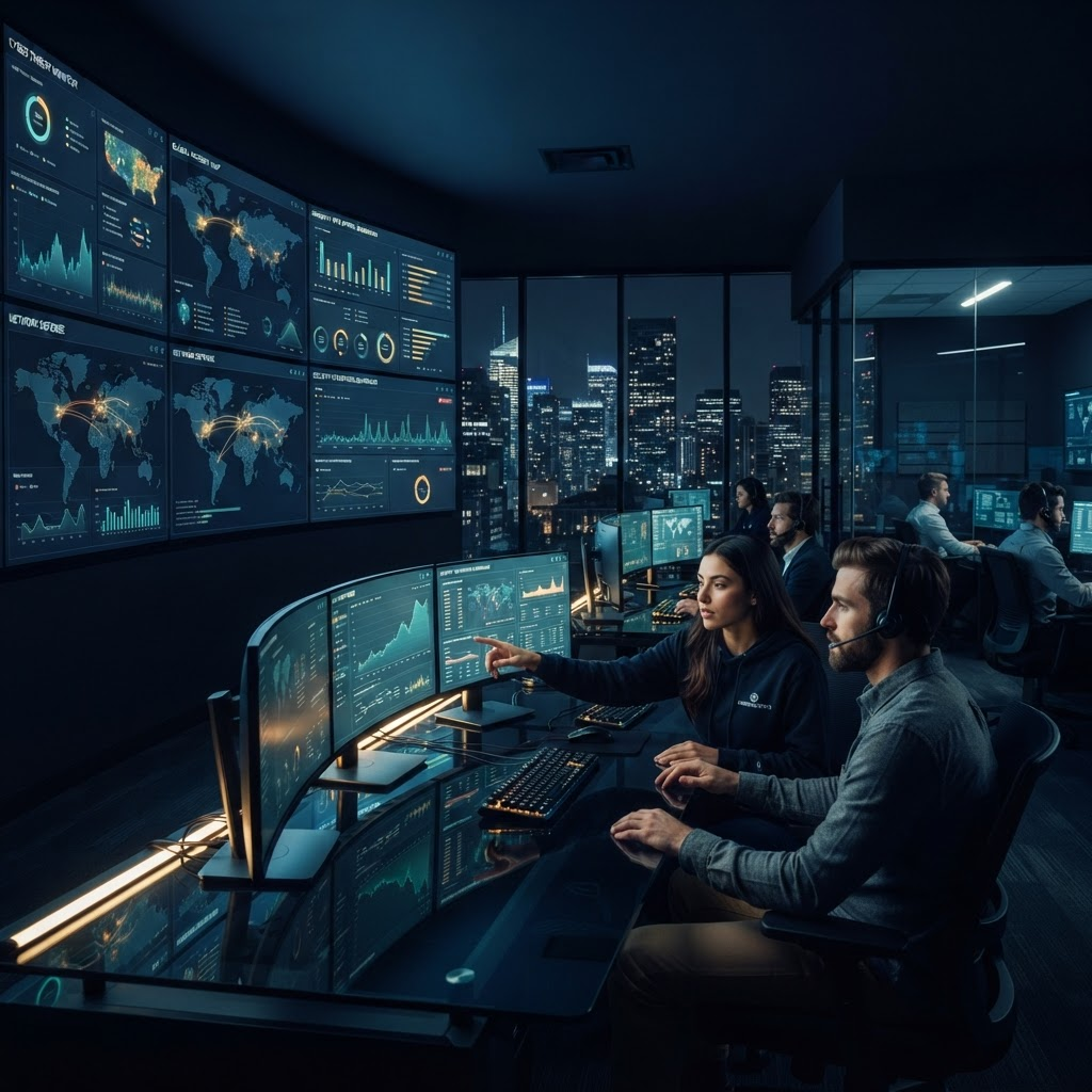Cybersecurity analysts monitoring network dashboards
