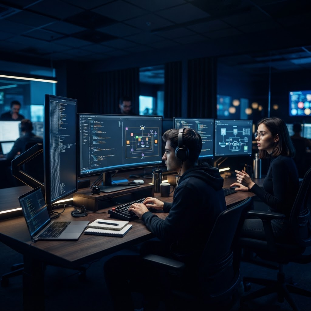Software engineers working across multiple monitors